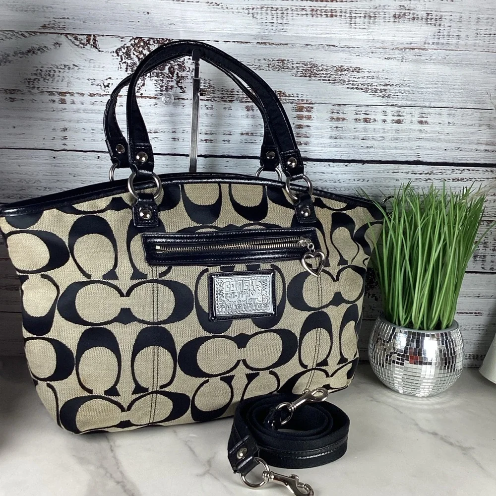 Coach F23391‎ Poppy Bag Black Tan Signature XLarge Tote Crossbody diaperbag